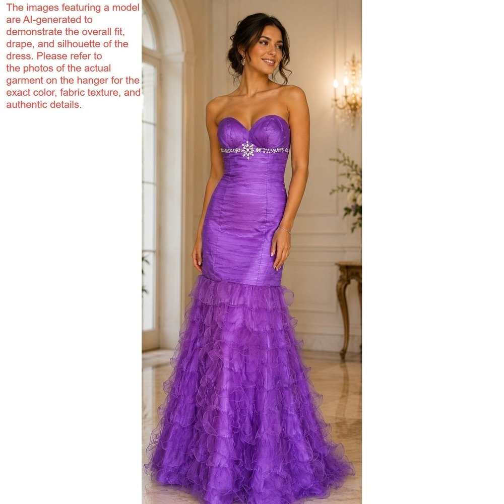 Juliet Purple‎ Strapless Mermaid Prom Dress Rhinestone Ruffle Gown NWT Small
